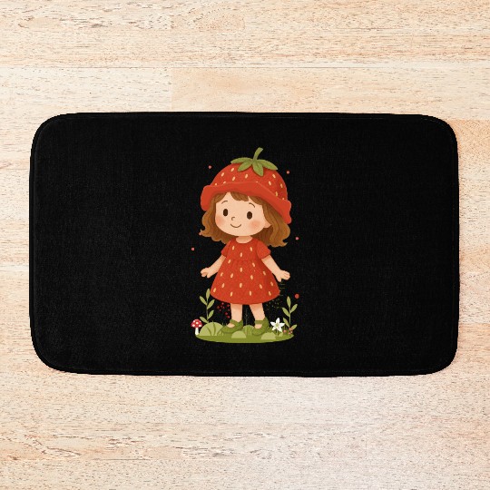 Cute Strawberry Girl Illustration Bath Mats