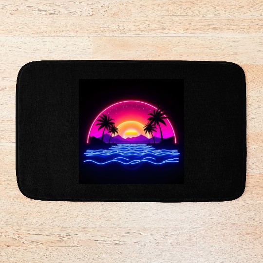 Neon Sunset Over Tropical Island Bath Mats