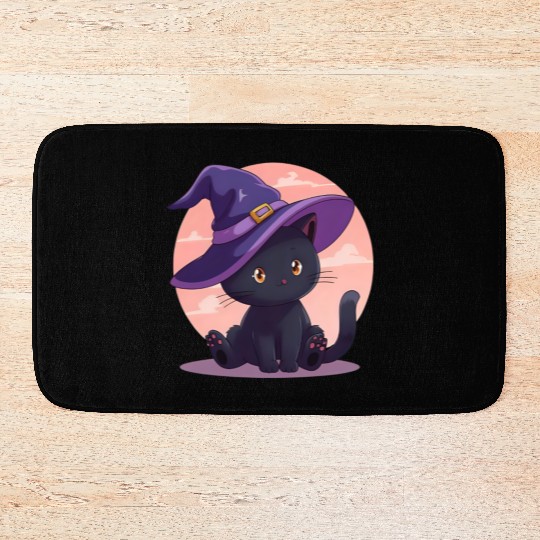 Whimsical Halloween Cat with Witch Hat Bath Mats