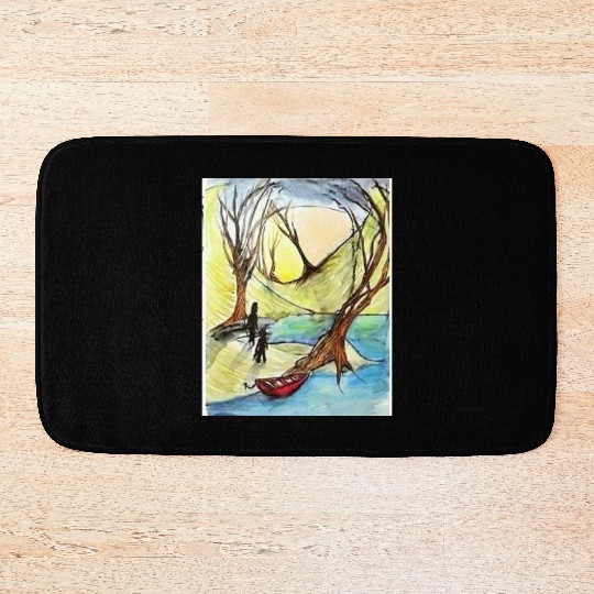 Serene Autumn River Scene Illustration Bath Mats