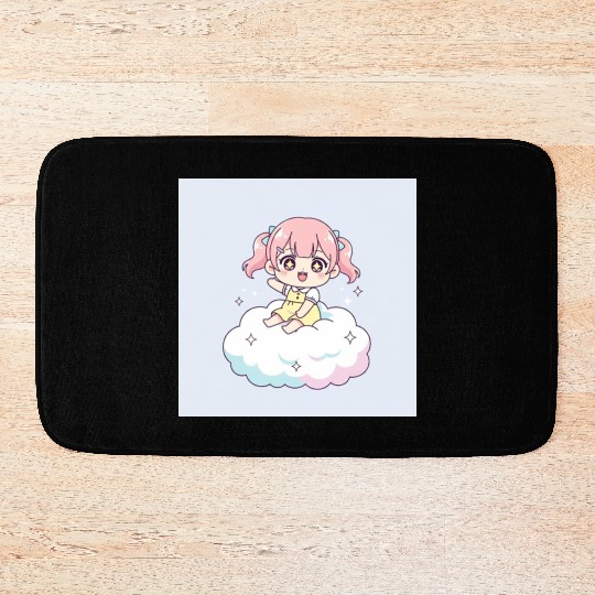 Cute Chibi Girl on Cloud Illustration Bath Mats