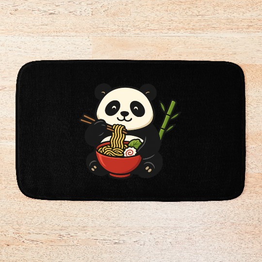 Cute Panda Eating Ramen Illustration Bath Mats