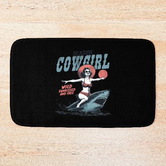 Seaside Cowgirl Shark Adventure retro summer Bath Mats