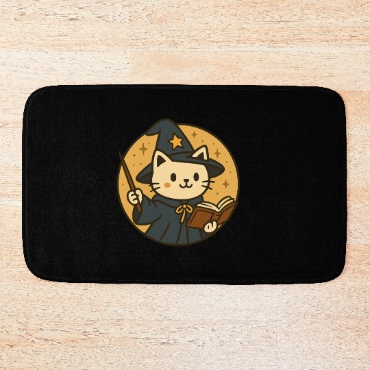 Whimsical Cat Wizard in Starry Night Bath Mats