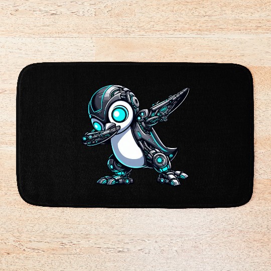 Cool cartoon penguin robot astronaut mech dabbing Bath Mats