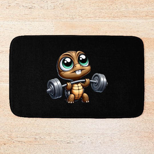 Chibi turtle with barbell weightlifter cartoon Bath Mats
