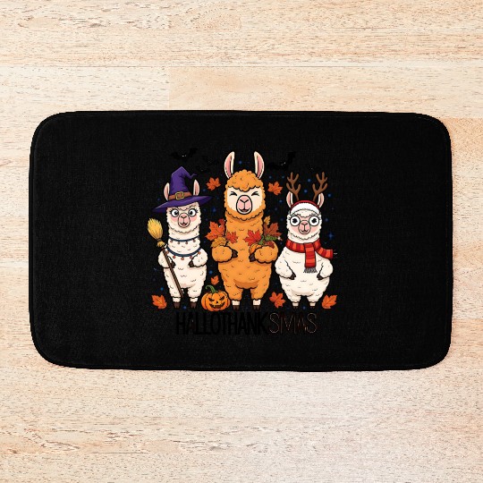 Hallothanksmas Llama Trio Halloween Xmas Bath Mats Gift