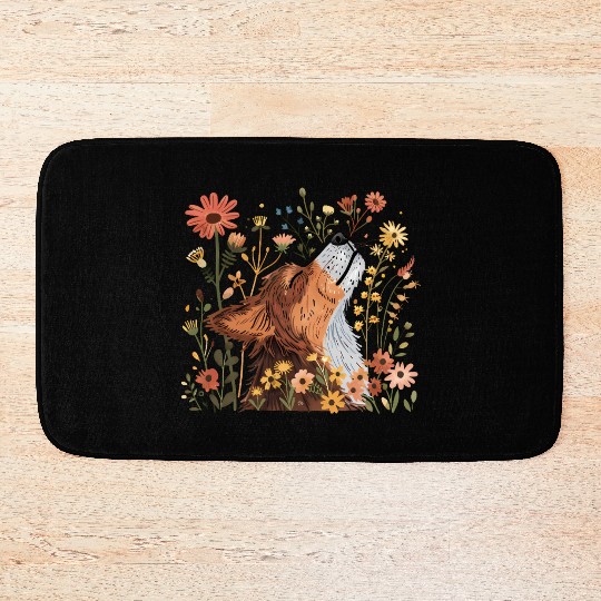Serene Howling Wolf Amid Floral Bloom Bath Mats