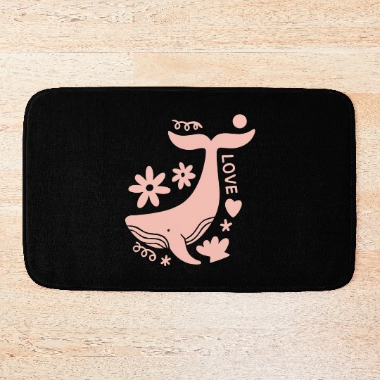 Whimsical Pink Whale with Floral Accents Bath Mats