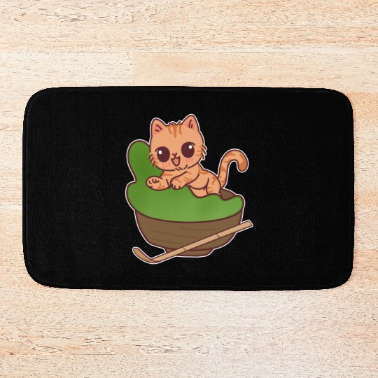 Kawaii Cat in Matcha Tea Bowl Bath Mats
