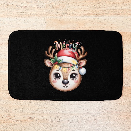 Rudolph Reindeer Watercolor Cozy Holiday Art Bath Mats