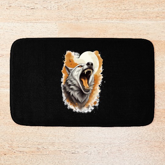 Howling Wolf Under Full Moon Bath Mats