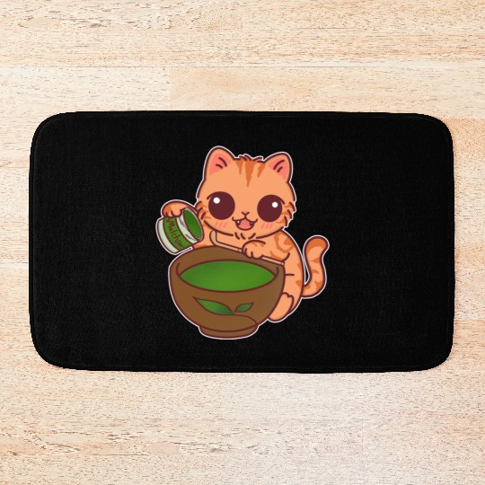 Kawaii Cat Barista Making Matcha Tea Bath Mats