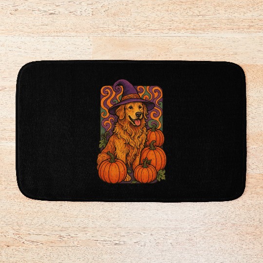 Halloween Wizard Golden Retriever with Pumpkins Bath Mats