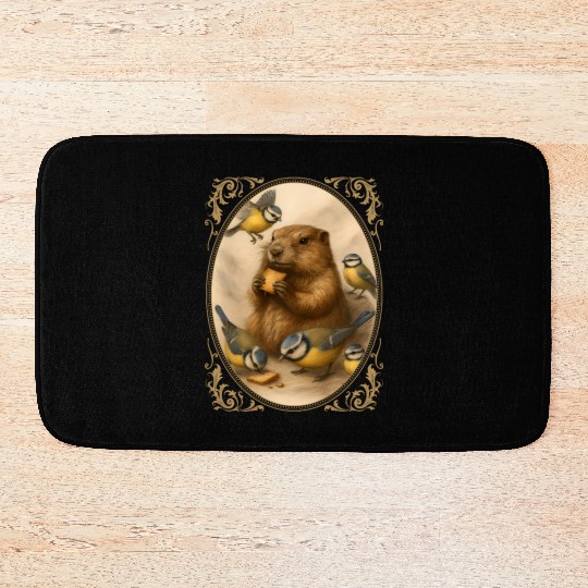 Marmot groundhog cute animal eating with birds Bath Mats