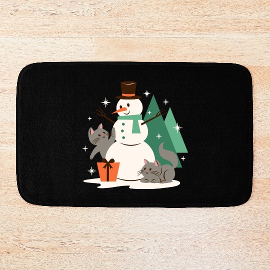 Festive Snowman with Cats and Pine Trees Bath Mats