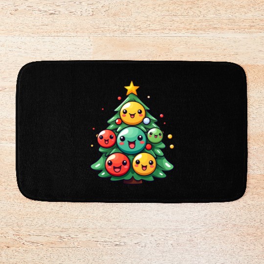 Kawaii Christmas Tree with Chibi Ornaments Bath Mats