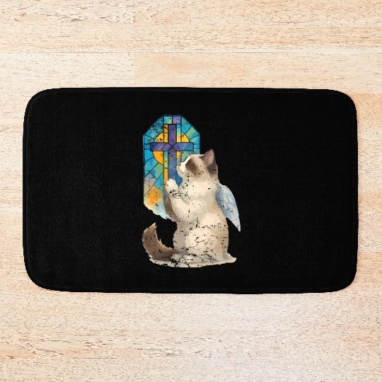 Celestial Cat with Stained Glass Cross Bath Mats