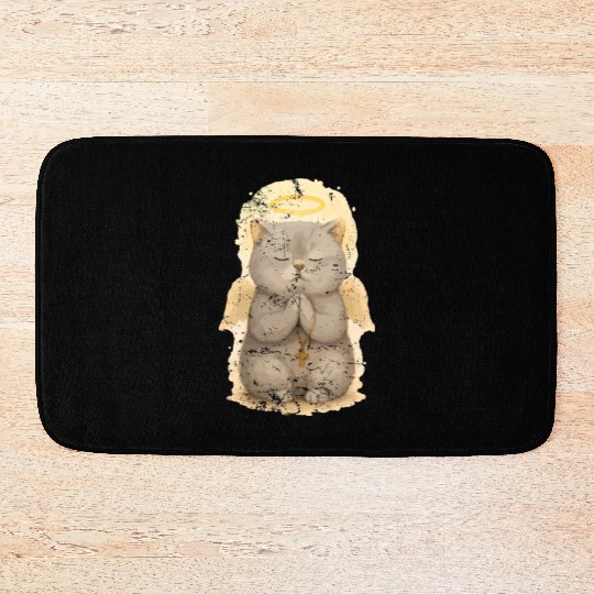 Praying Cat with Halo and Cross Bath Mats
