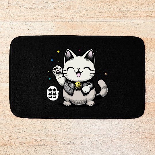 Happy Maneki Neko - double happiness - 招き猫 Bath Mats