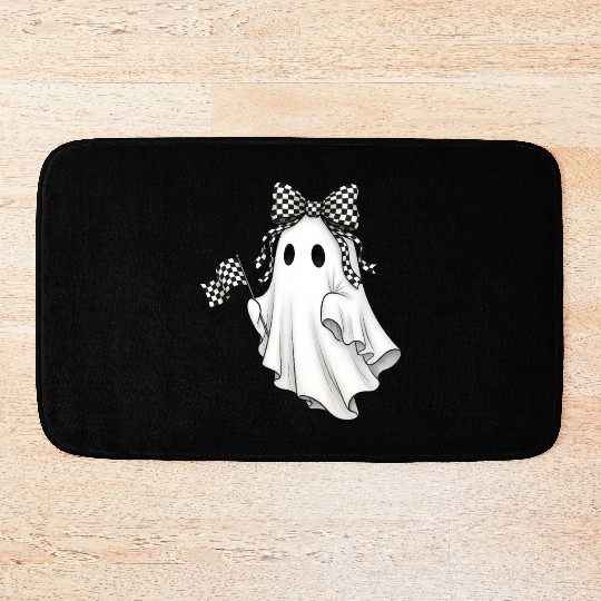 Ghost Boo Checkered Bow Race Day Racing Flag Racer Bath Mats