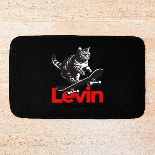 Cool Cat Skateboard with cute Boy Name LEVIN Bath Mats