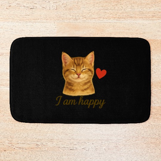 I Am Happy – Cute Realistic Cat with Red Heart Bath Mats