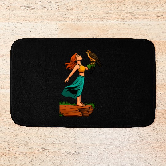 Woman with Hawk on Arm in Nature Scene Bath Mats