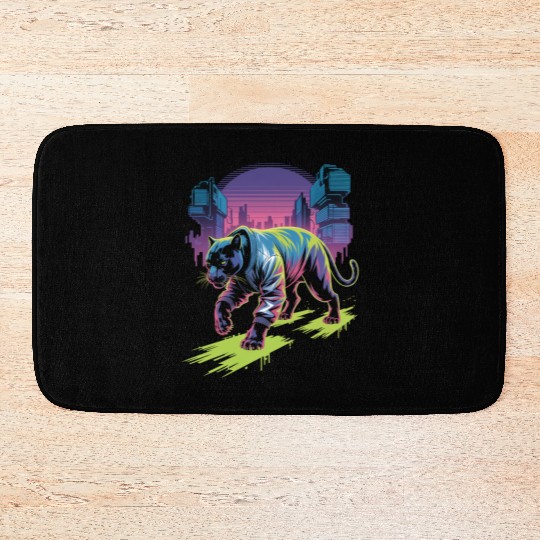 Cyber Panther Night Stride Synthwave Streetwear Bath Mats
