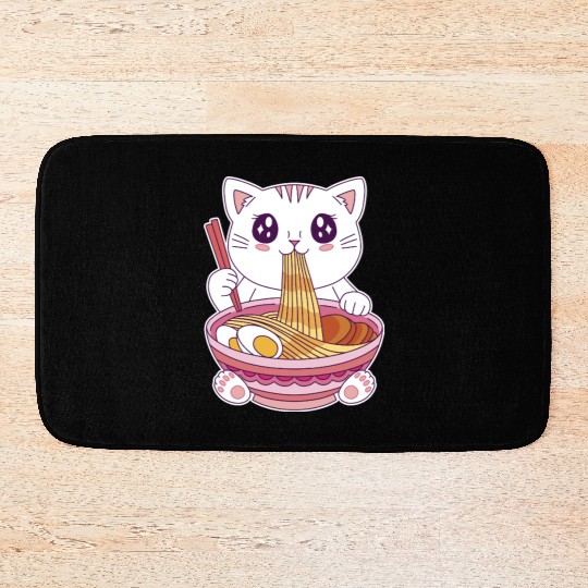 Cute Kawaii Cat Eating Ramen  Bath Mats