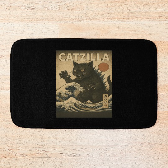 Ukiyo-e Catzilla Retro Japanese Monster Cat Bath Mats