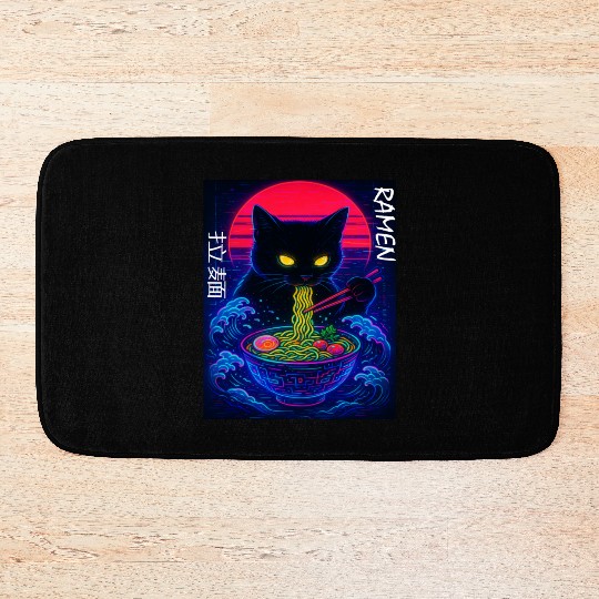 Neon Black Cat Ramen Art Bath Mats
