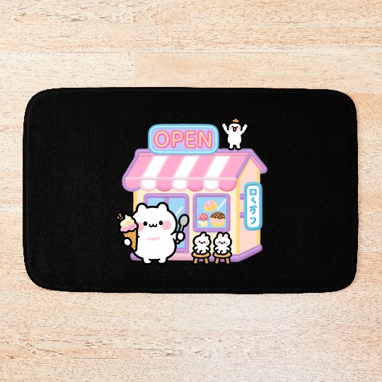 Kawaii Cat Ice Cream Shop Illustration Bath Mats