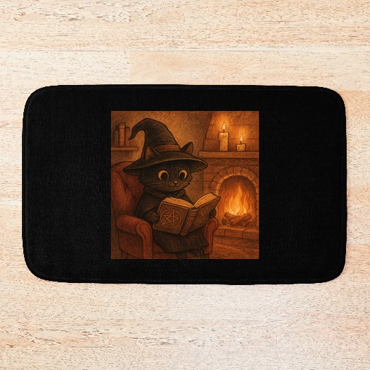 Enchanted Cat Witch by the Fireplace Bath Mats