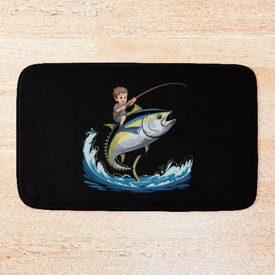 Joyful young boy rides massive jumping tuna Bath Mats