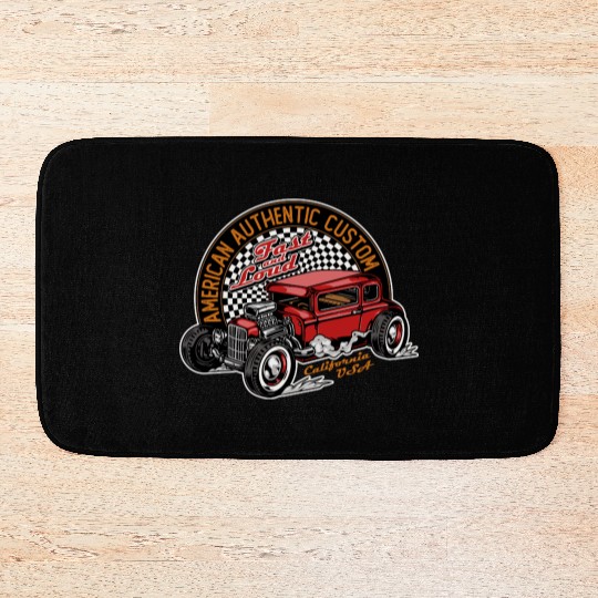 Vintage Hot Rod Car Illustration Bath Mats