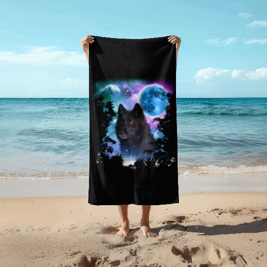 Black Wolf MidNight Forest Beach Towels