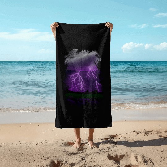 Purple Lightning Scene Beach Towels