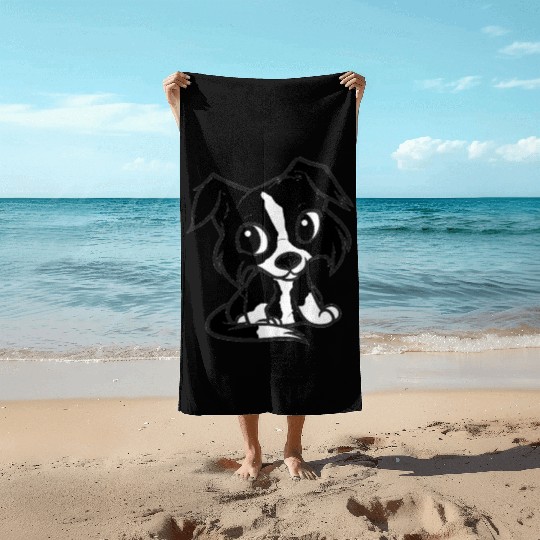 border collie bw cartoon Beach Towels