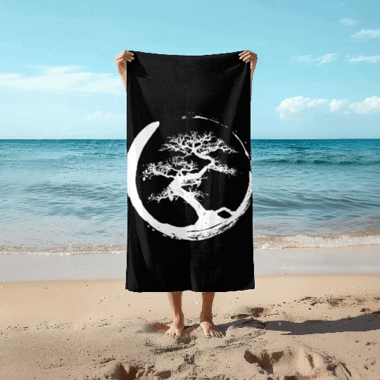 Zen Bonsai Tree in Enso Circle (white) Beach Towels