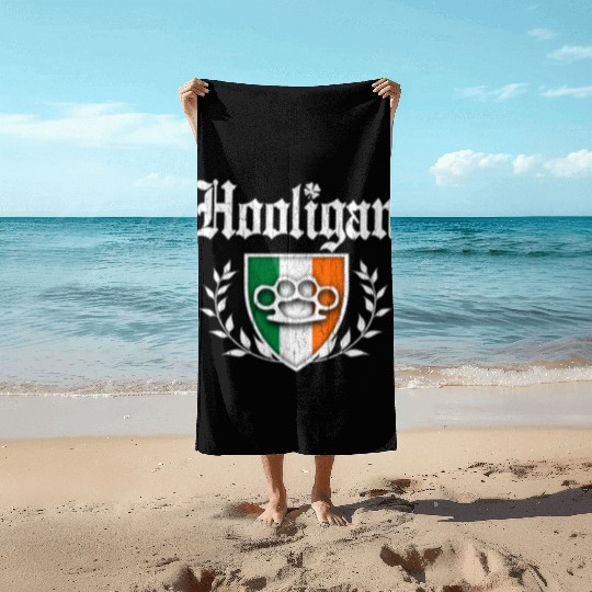 Irish Hooligan Crest vintage distressed look Beach Towels