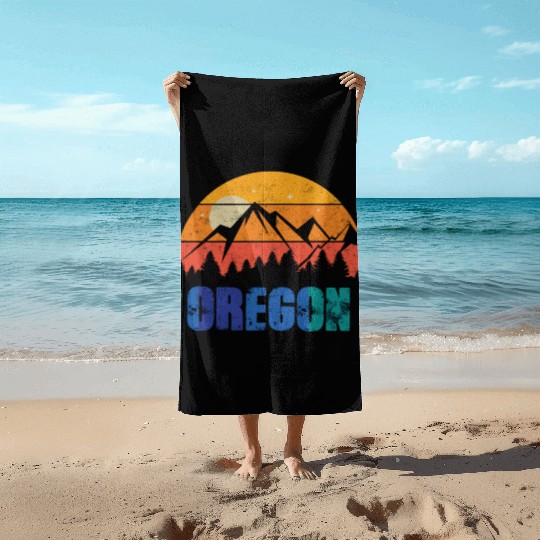 Retro Vintage Oregon With Mountain And Forest Beach Towels