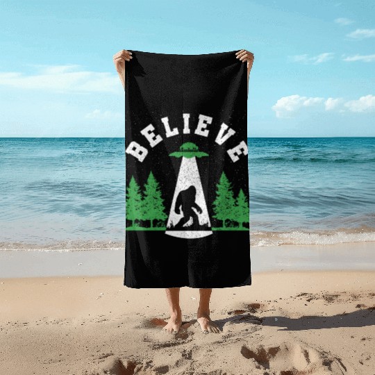 Believe - Bigfoot Ufo Sasquatch Mystical Gift Beach Towels