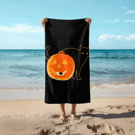 Halloween Black Cat Jack o Lantern Pumpkin Funny Beach Towels