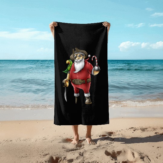 Santa Pirate Funny Christmas Candy Cane Hook Hand Beach Towels