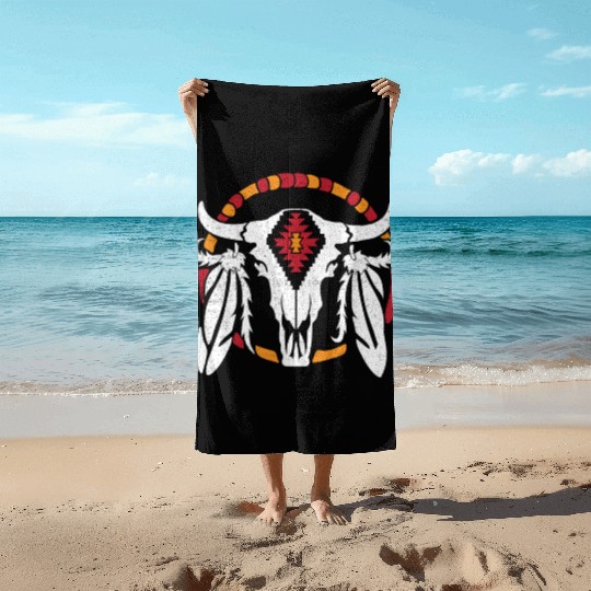 Aztec Pattern Cow Skull Cowboy Indian Mexican Beach Towels