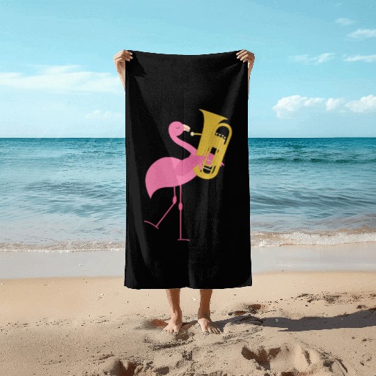Cute Pink Flamingo Playing Tuba Musician Gift Beach Towels