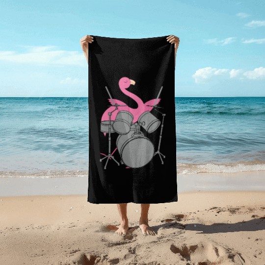 Cute Pink Flamingo Playing Drums Musician Gift Beach Towels