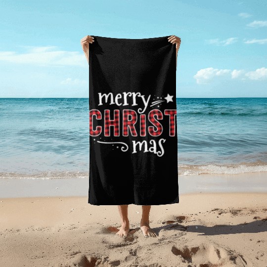 Buffalo Plaid Merry Christ Mas Beach Towels Christmas