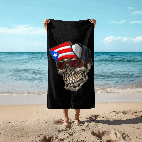 Cool Puerto Rico Skull With Cap and Boricua Flag Beach Towels